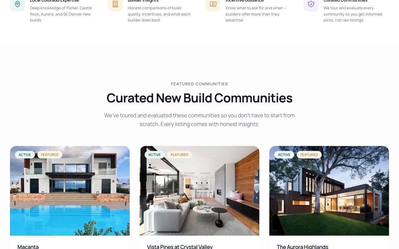 Colorado New Build Navigator featured communities section